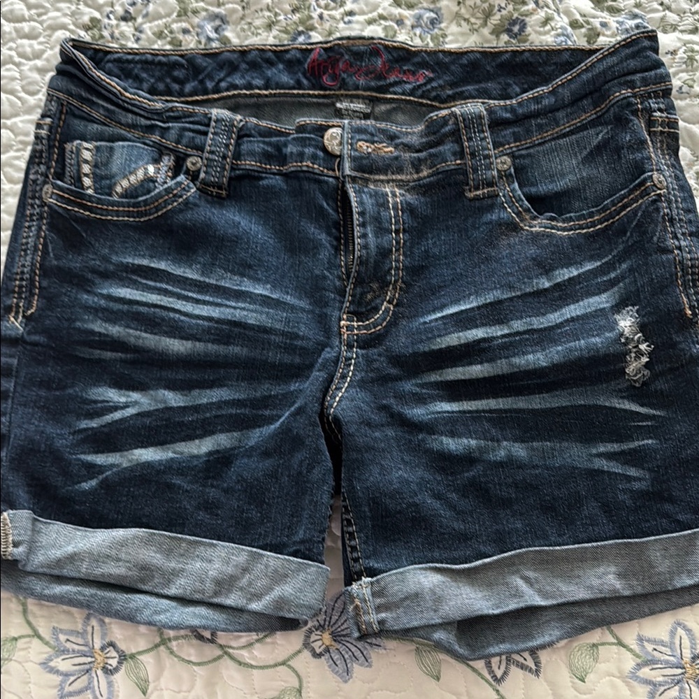 Blue Distressed Jean Shorts with Rolled Cuffs